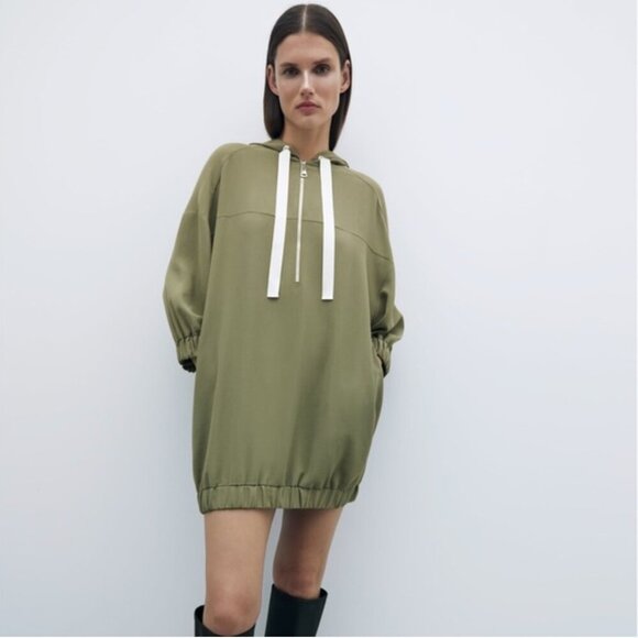 Zara Green Sporty Athletic Hooded Track Dress Size Small - Picture 1 of 9